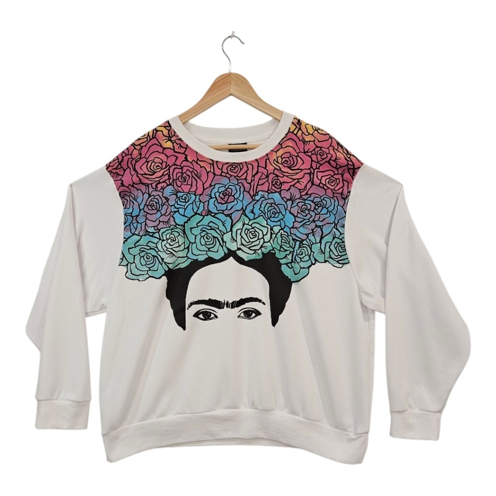 Frida Kahlo Floral Crown Graphic Sweatshirt XL Jerry Leigh Artist Crewneck Nwot